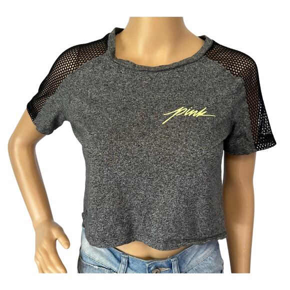2/$15 Pink Victoria's Secret Fishnet Shoulder Crop Top Gray Short Sleeve Size XS - Picture 2 of 12